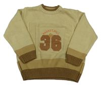 Béžovo-světlehnědo-hnědý pletený oversize svetr s číslem 