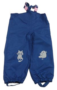 Tmavomodré šusťákové nepromokavé laclové podšité kalhoty se zvířátky impidimpi