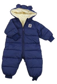 Tmavomodrá prošívaná šusťáková zimní kombinéza s medvídkem a kapucí 