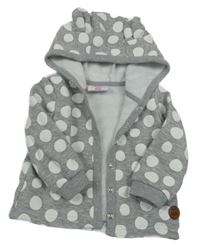 Šedo-bílá puntíkatá melírovaná propínací teplá mikina s nášivkou a kapucí s oušky Topomini