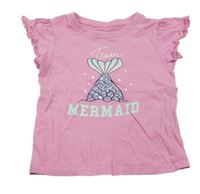 Růžové tričko s ploutví s flitry a nápisy a volánky 