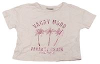 Světlerůžové crop tričko s palmami a nápisem Matalan