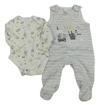 2set - Světlešedo-bílé pruhované sametové dupačky s králíky + bílé body C&A