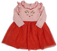 Červeno-bílé bavlněno/tylové šaty se sobem a třpytkami Primark