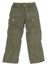 Khaki plátěné kalhoty s kapsami a nápisem