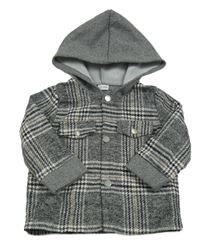 Černo-bílo-šedá kostkovaná košilová bunda s kapucí