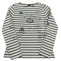 Bílo-tmavomodré pruhované mikinotriko s obrázky a nápisem