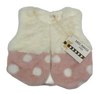 Nové - Krémovo-růžová kožešinová zateplená vesta s puntíky
