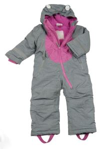 Šedo-růžová šusťáková zimní kombinéza s pruhy a kapucí Topomini