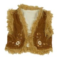 Hnědá manšestrová podšitá vesta s výšivkami květin a kožešinou