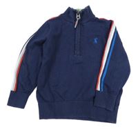 Tmavomodrý svetr s výšivkou a pruhy na rukávech Joules