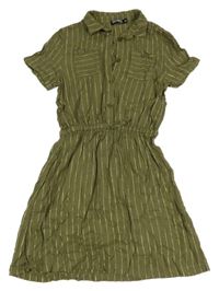 Khaki-zlaté pruhované lehké košilové šaty