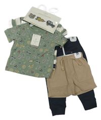 Nové - 5set - Khaki tričko s obrázky + pruhované + hnědé melírované šusťákové kraťasy + tmavomodré tepláky + samolepky Aspen Kids