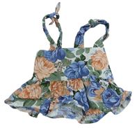 Bílo-modro-světlerůžový květovaný crop top 
