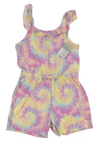Růžovo-lila-žlutý batikovaný kraťasový overal Primark