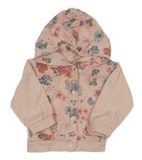 Světlerůžová propínací květovaná mikina s kapucí 