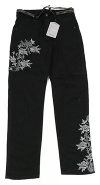 Nové - černé plátěné crop kalhoty s výšivkami květů a páskem 