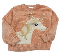 Broskvový žinylkový svetr s jednorožcem C&A
