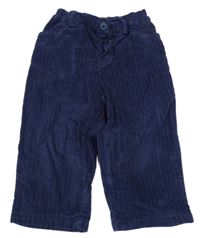 Tmavomodré sametové žebrované podšité kalhoty 