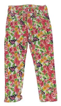Barevné květované plátěné skinny kalhoty s motýly