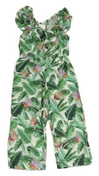 Bílo-zelený kalhotový culottes overal s lístečky a kolibříky a volánkem H&M