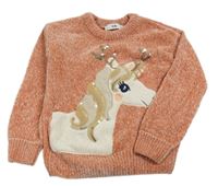 Broskvový žinylkový svetr s jednorožcem C&A