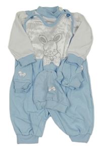 5set - Modro-bílé laclové tepláky s králíčkem + bílo-modré triko + světlemodrá čepice + capáčky + rukavice