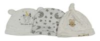 3set - 3x čepice - bílá s hvězdami a měsíci + bílá puntíkatá s králíkem + bílá s planetou a zvířátky 