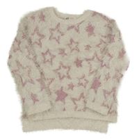 Bílo-růžový chlupatý svetr s hvězdami H&M