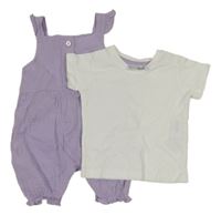 2set - Bílé tričko + lila mušelínový kalhotový overal Ergee