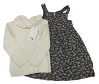 Nové - 2set - Smetanový žebrovaný svetr s límečkem + antracitové květované teplákové laclové šaty C&A