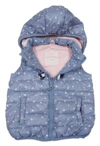 Světlemodro-růžová puntíkatá šusťáková zateplená vesta s kapucí Topomini