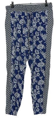 Dámské modro-bílé květované volné kalhoty TU 