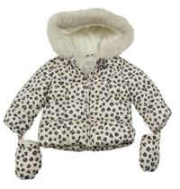 Smetanová šusťáková zimní bunda s leopardím vzoram s kapucí+ rukavice F&F