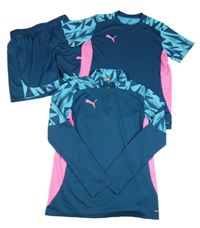 3set- petrolejovo-modro-růžová sportovní funkční propínací mikina+ tričko+ kraťasy Puma vel.176
