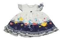 Bílo-tmavomodro-barevné šaty s mořskými tvory s čelenkou