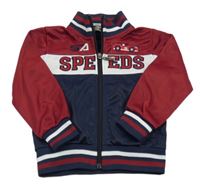 Modro-červeno-bílá sportovní propínací mikina s nápisy a autem