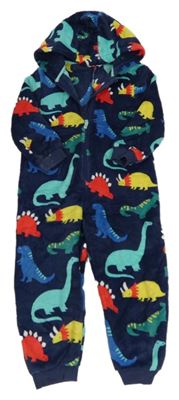 Tmavomodrá chlupatá kombinéza s dinosaury a kapucí M&S