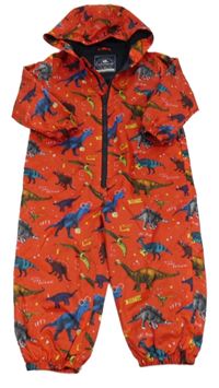 Červená šusťáková podšitá kombinéza s dinosaury a kapucí George