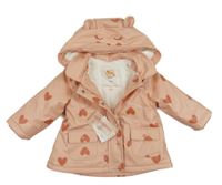 Nové - Růžová nepromokavá zateplená bunda se srdíčky a kapucí 
