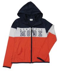 Tmavomodro-bílo-červená sportovní propínací mikina s nápisem a kapucí H&M