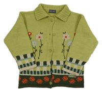 Světlezelený propínací vlněný svetr s kytičkami Brums 