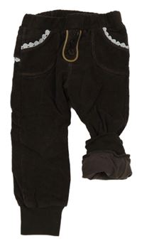 Kávové manšestrové podšité kalhoty s krajkou