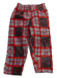 Šedo-červené kostkované plyšové tepláky 