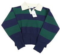 Nové - Tmavomodro-zelený pruhovaný vlněný crop svetr s límečkem Primark