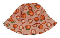 Broskvový plátěný oboustranný klobouk s jahůdkami 