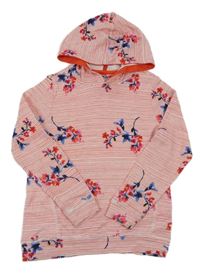 Červeno-bílá pruhovaná mikina s květy a kapucí Joules