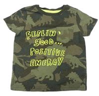 Khaki army tričko s nápisy a dinosaury a kapsou F&F