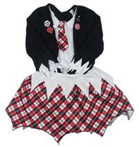 Kostým - Černo-červeno-bílé kárované halloweenské šaty s kravatou