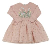 Světlerůžové svetrovo/tylové šaty s kytičkami a motýlky a zlatými puntíky H&M